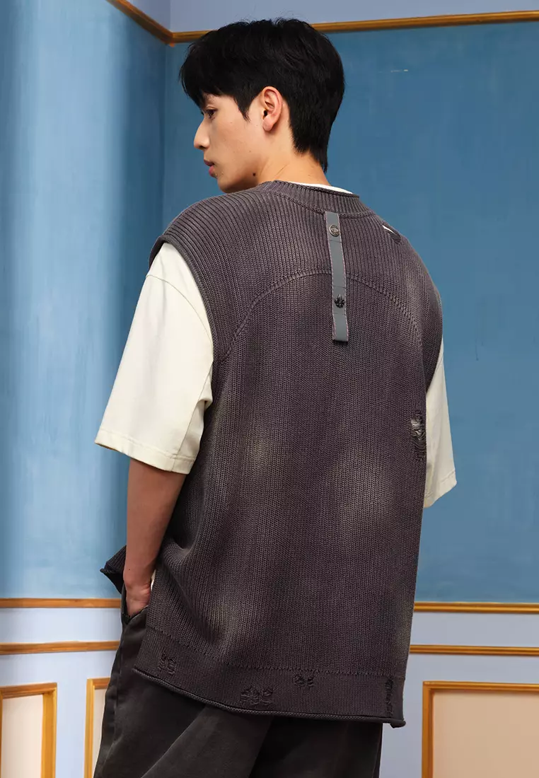 男裝鳶尾花 LOGO 破洞全棉針織毛衣背心