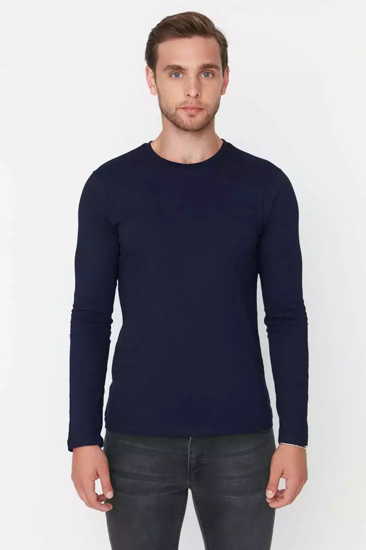 Jual Trendyol Black-White-Navy Blue Men's Regular/Regular Cut Crew