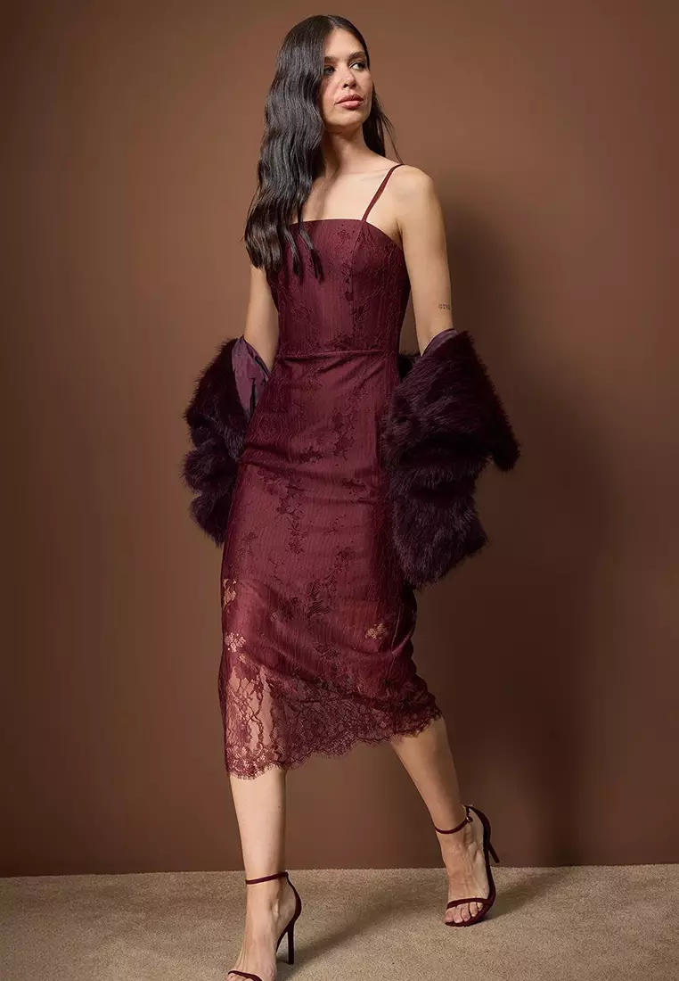 Plum Bodycon Lace Midi Lined Cocktail Dress Tpraw26El98