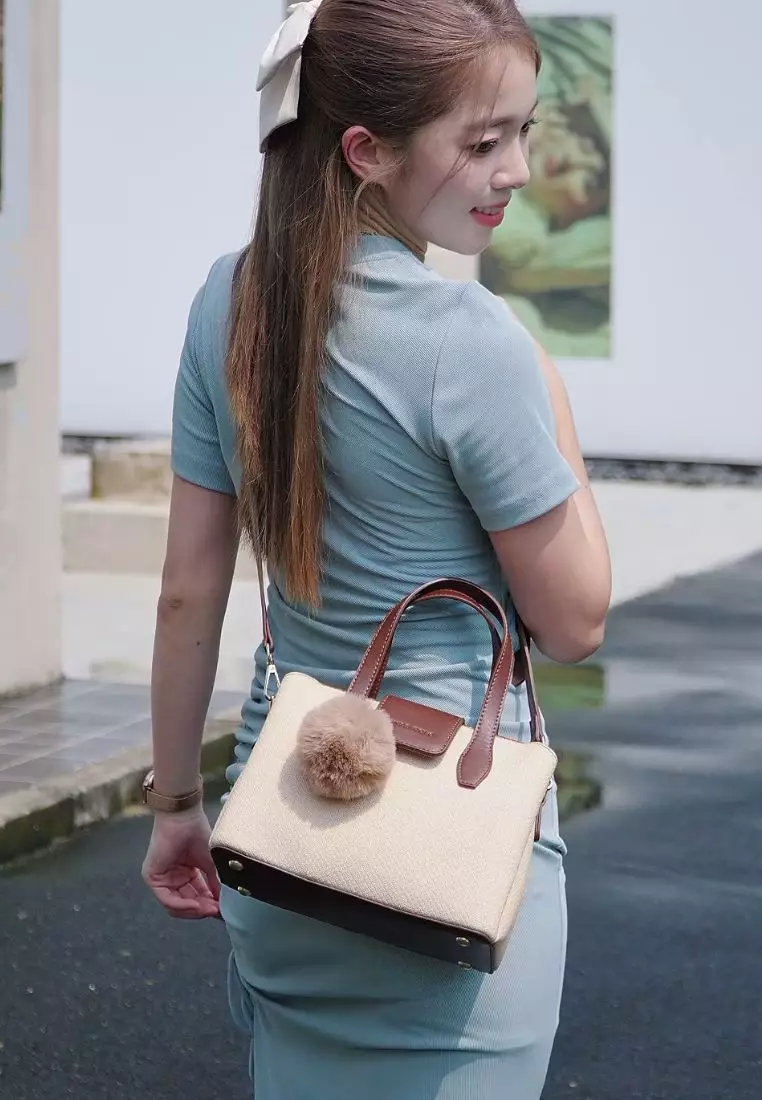 Women's Top Handle Bag / Sling Bag / Crossbody Bag / Shoulder Bag (Tas Tangan Wanita / Tas Selempang Wanita / Tas Bahu Wanita) - Krem