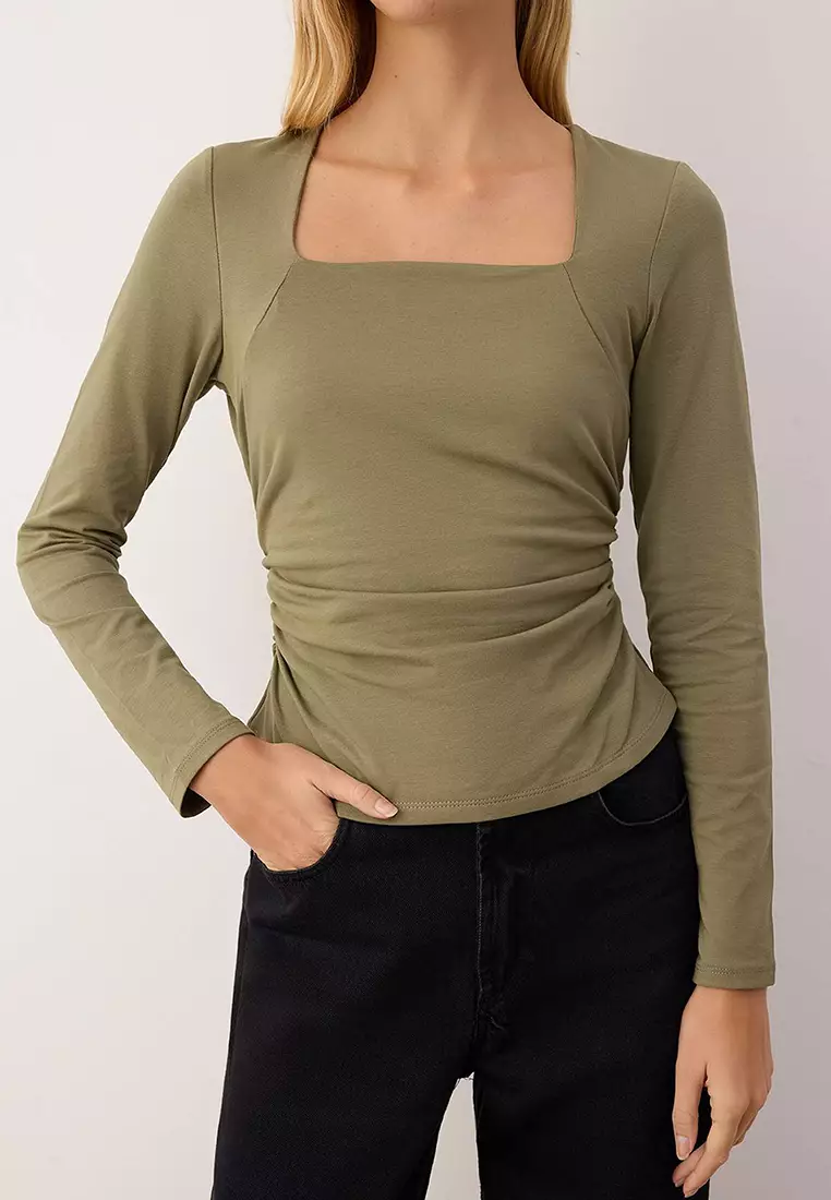 Khaki Square Neck Gathered/Drape Detailed Slim/Fits-A-Body Knitted Blouse