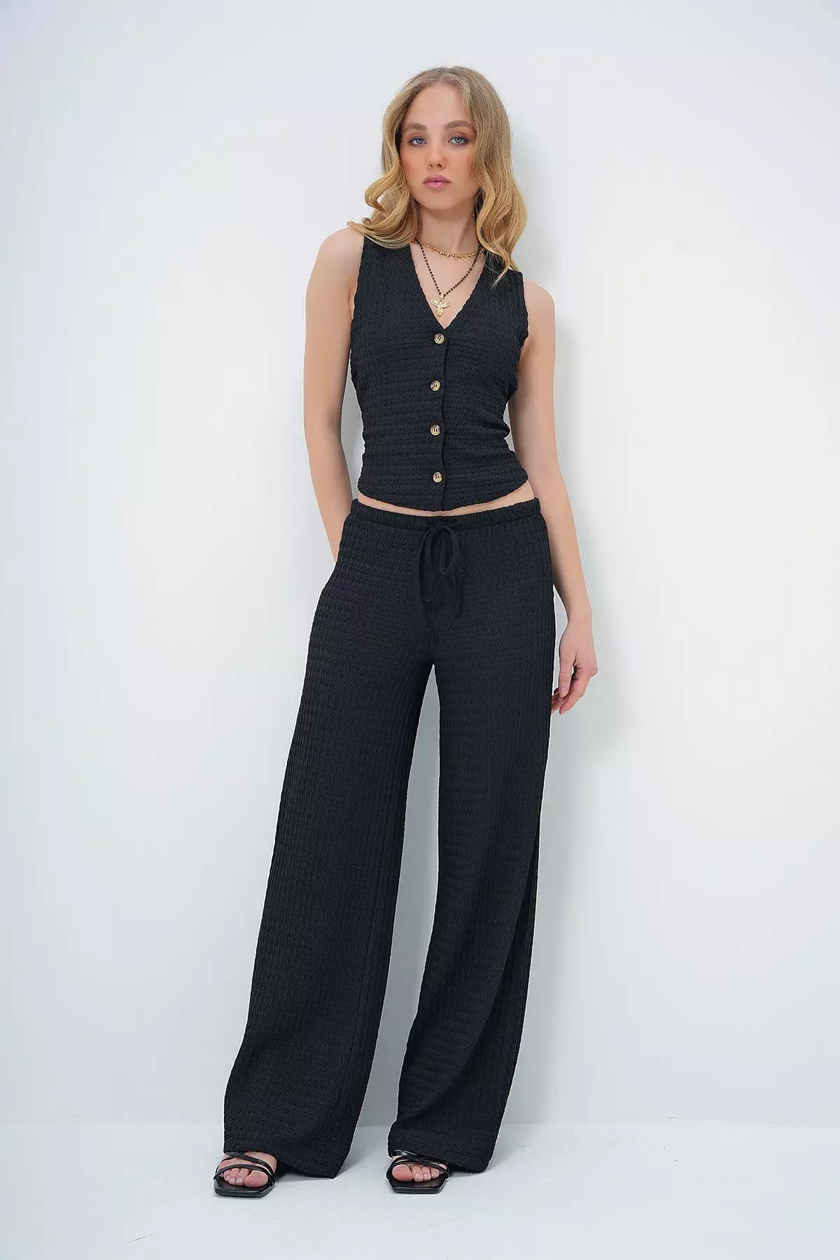Women's Black V-Neck Buttoned Vest and Trouser Set