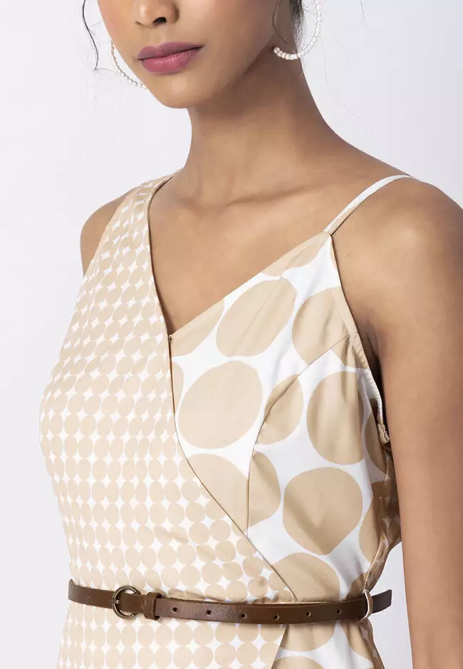 Beige Polka Asymmetric Hem Dress with Tan Belt