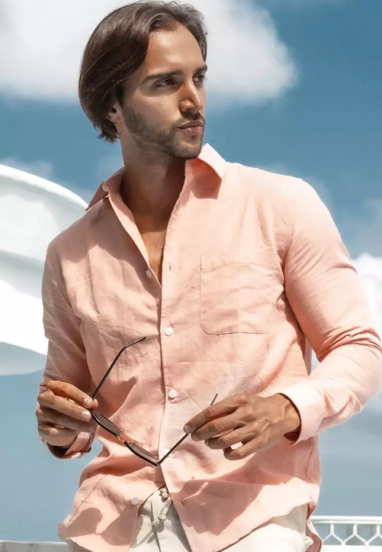Lona Kemeja Linen Lengan Panjang Pria Salem | Linen Long Sleeve Shirt Men Peach