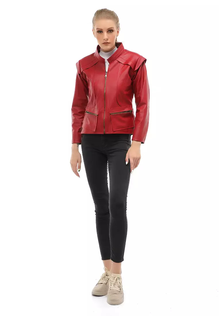 Glenice Jacket Kulit Casual Wanita Zipper Pocket Material Leather ORIGINAL - Red