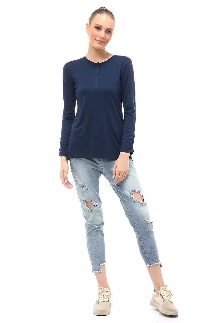 Kaos Wanita Lengan Serut Motif Solid Design Simple Relaxed Fit - Navy