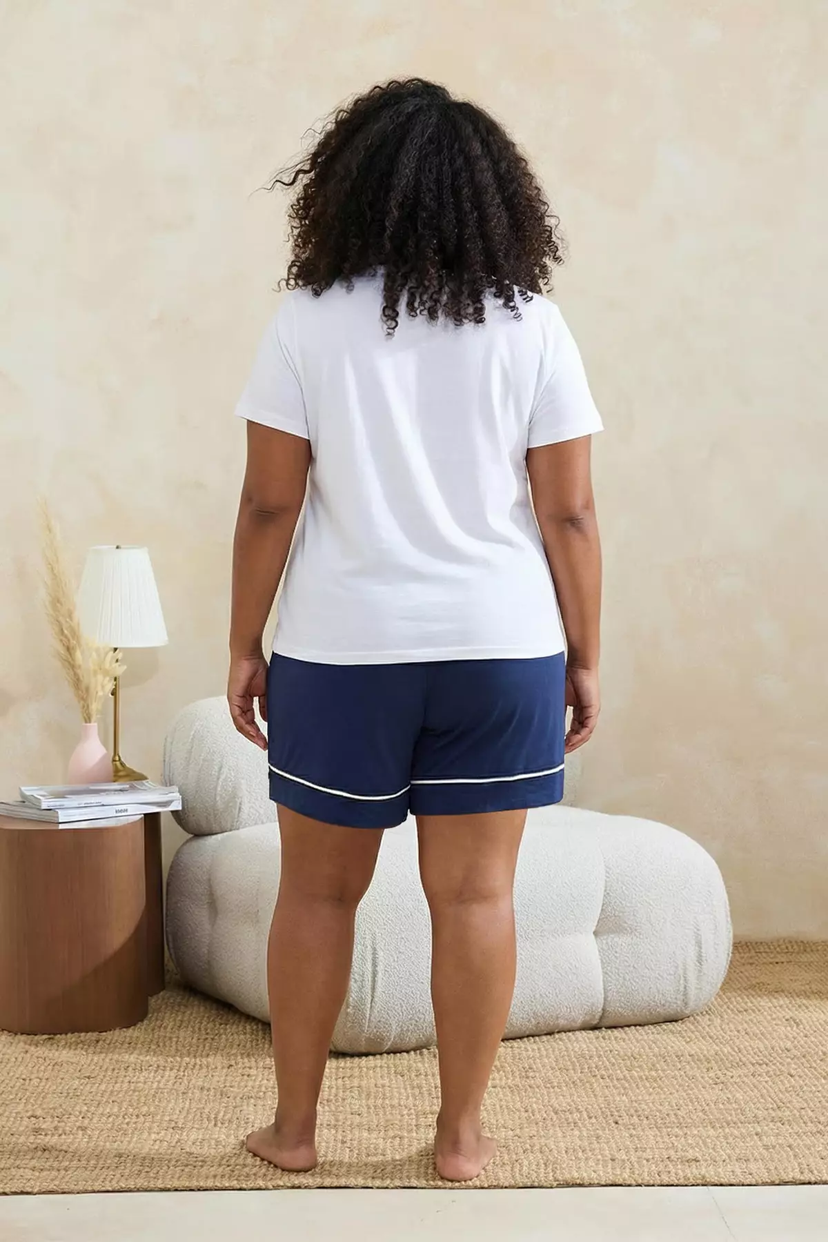Navy Blue-Ecru Piped Viscose Soft-Keyed 2-Pack Plus Size Pajama Bottoms Tbbss26Ia00006