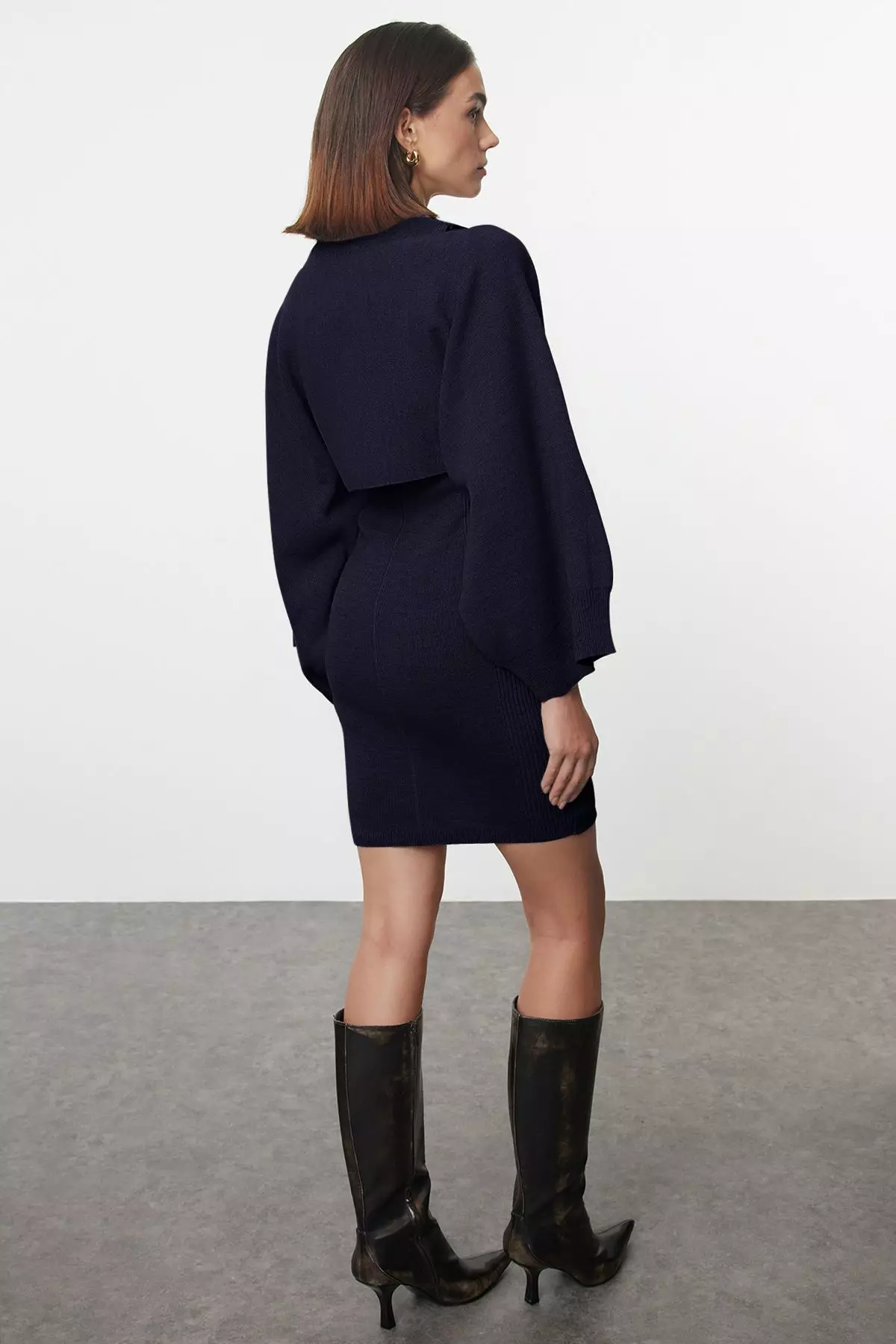 Navy Blue Mini Knitwear Bolero-Dress Suit Twoaw25El00056