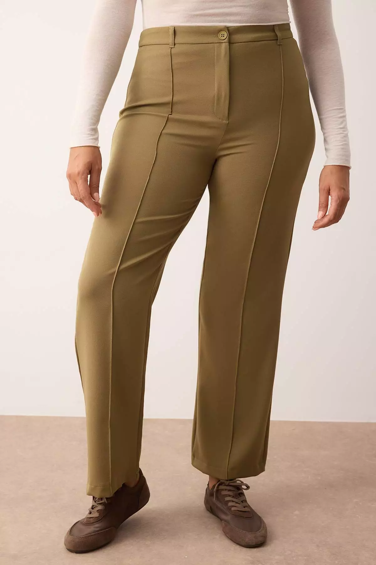 Khaki Straight/Straight Cut High Waist Ribbed Stitching Woven Pants Tbbss22Pl0301