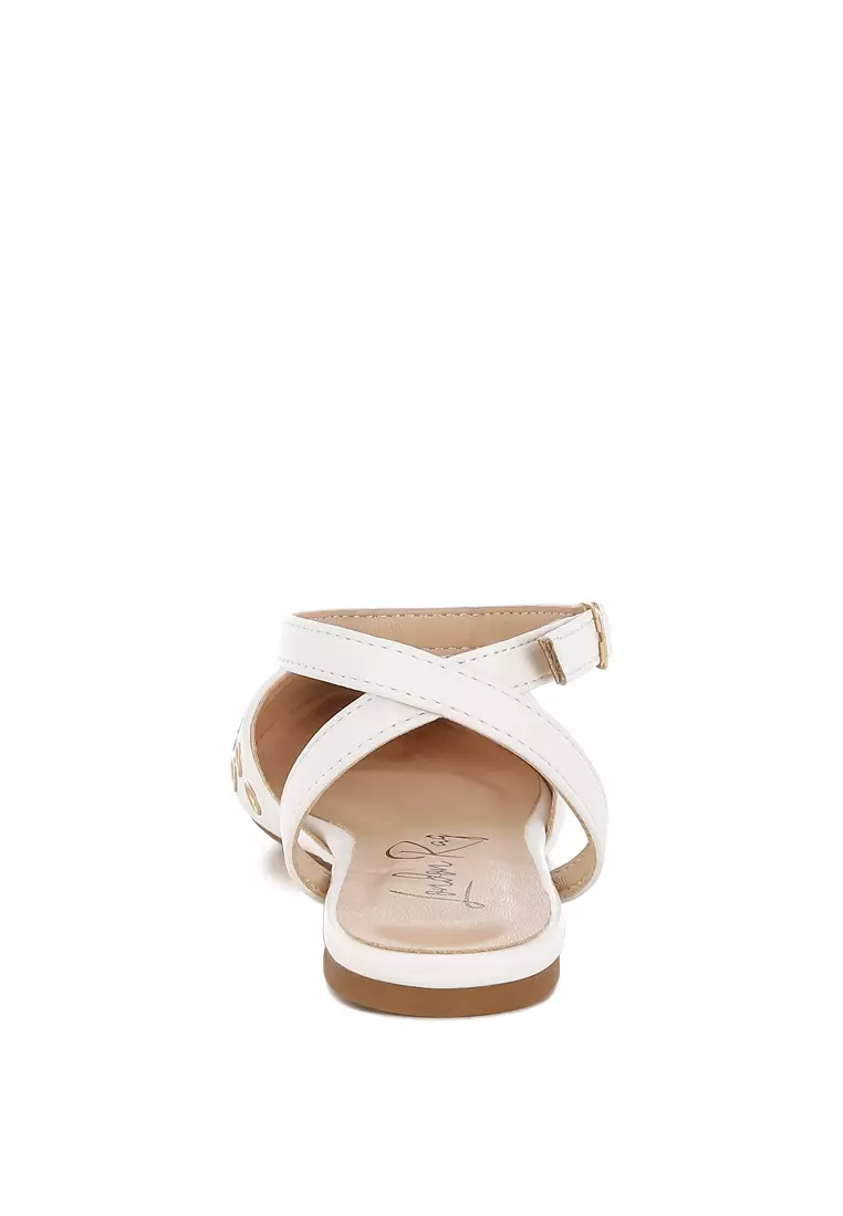 Metallic Eyelet Detail Flat Sandals In White