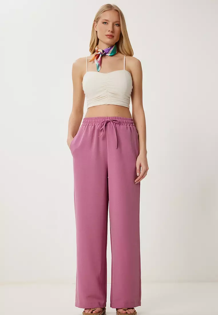 Women's Dark Pink Wide Leg Linen Trousers Dp00261