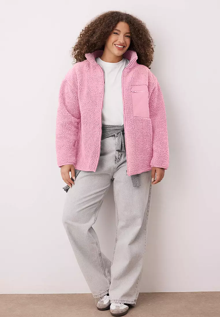 Winter Essentials Pink Thick Fleece Zippered Mock Neck Pocket Knitted Sweatshirt Tbbaw26Ao00022