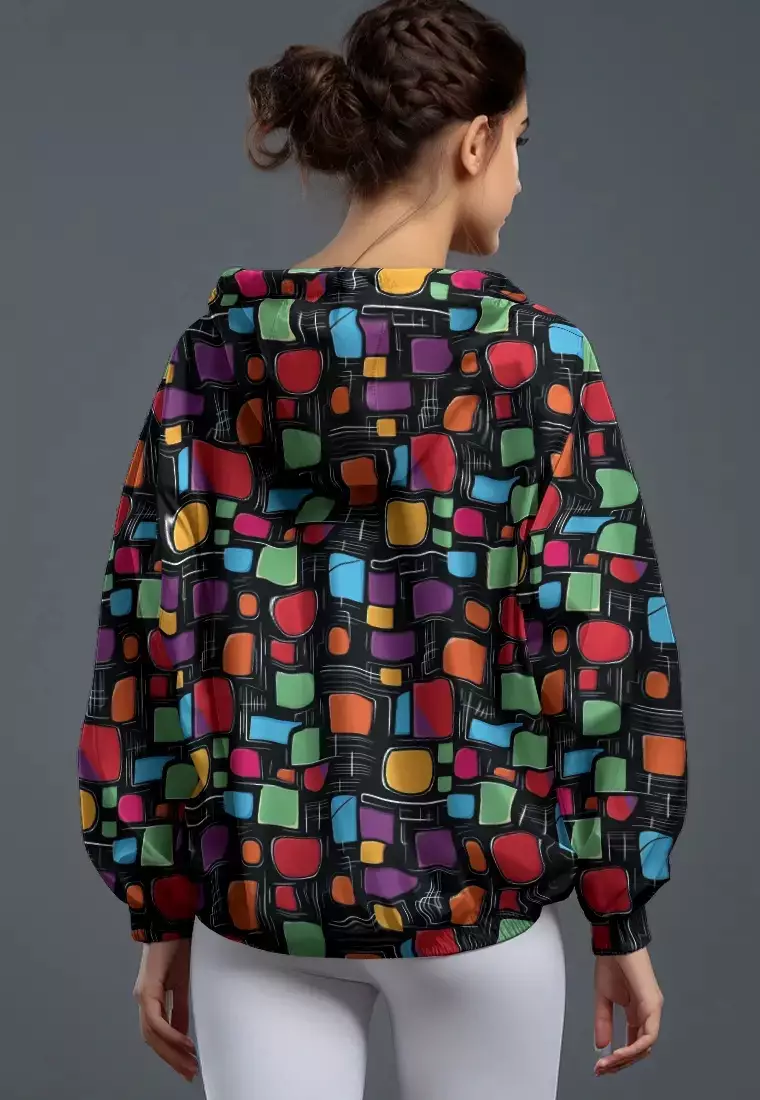 LSC94 jaket lari wanita parasut motif "square stones" hitam multicolor