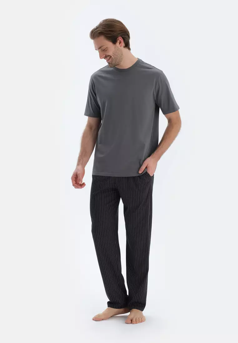 Black Trousers, Striped, Regular, Long Leg, Sleepwear for Men