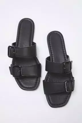 Black Belt Buckle Detailed Double Band Women's Slippers Takss25Te00031