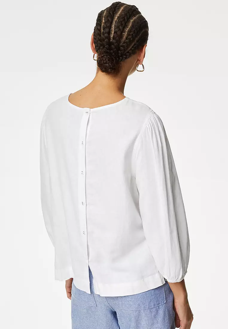 Linen Blend Round Neck Button Detail Blouse