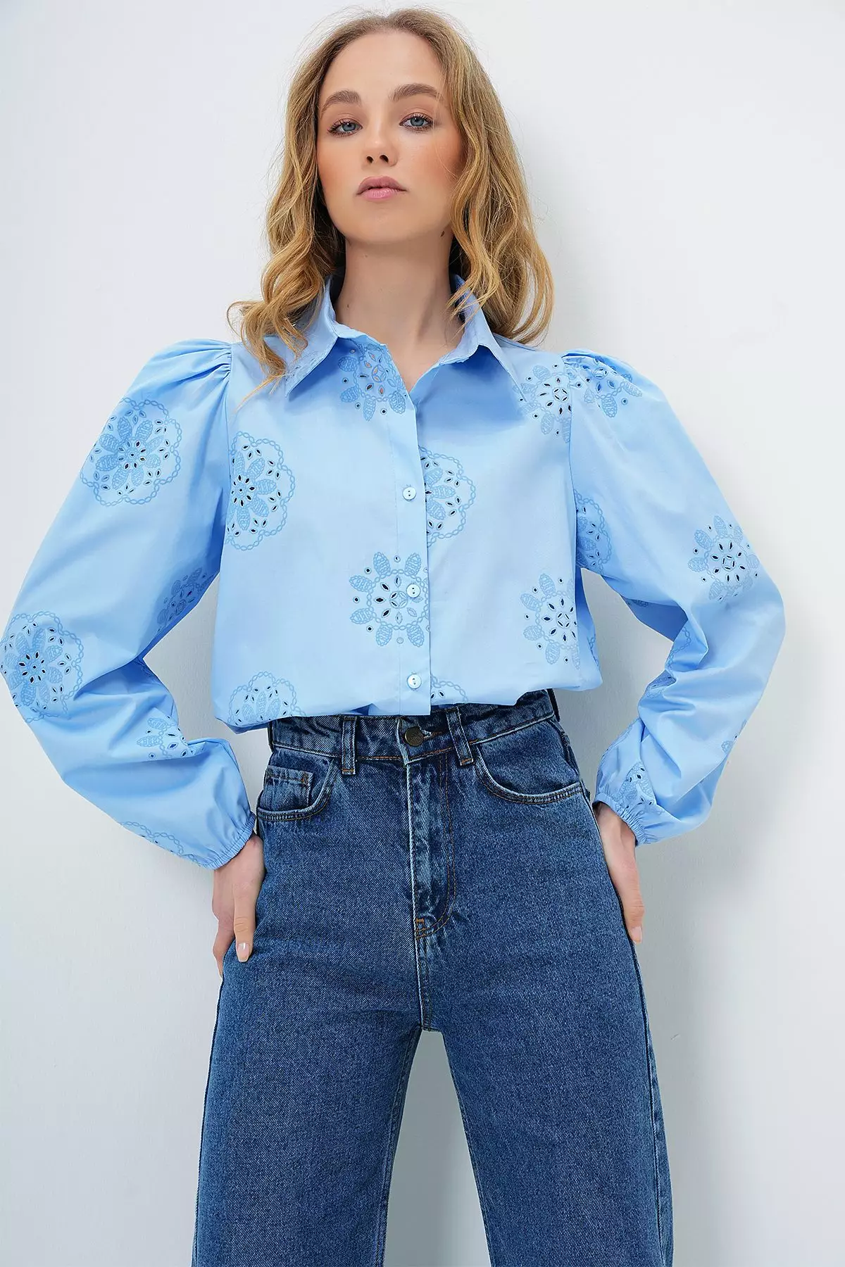 Women's Baby Blue Guipure Woven Premium Shirt Alc-X4366