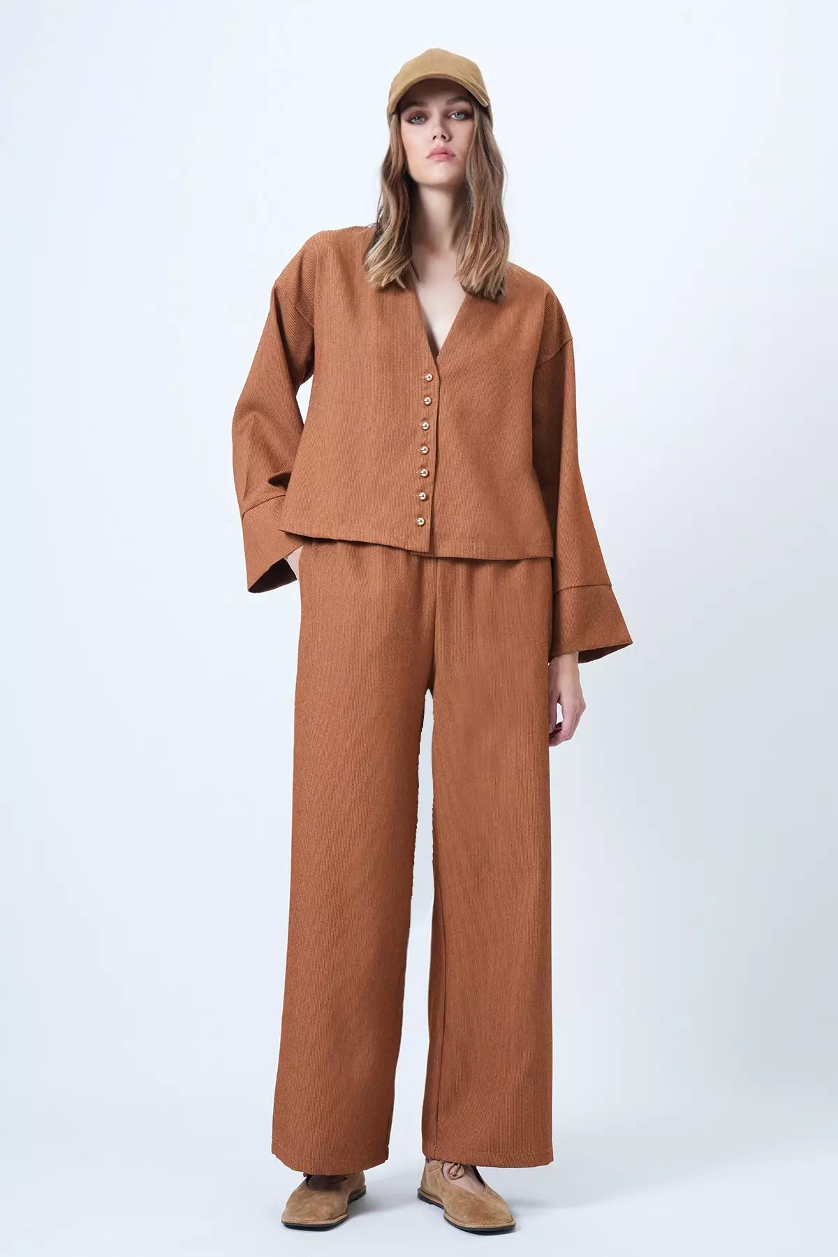 Cinnamon Brown Hakim Collar Gold Button Detailed Velvet Jacket And Palazzo Trousers Set Alc-X14633