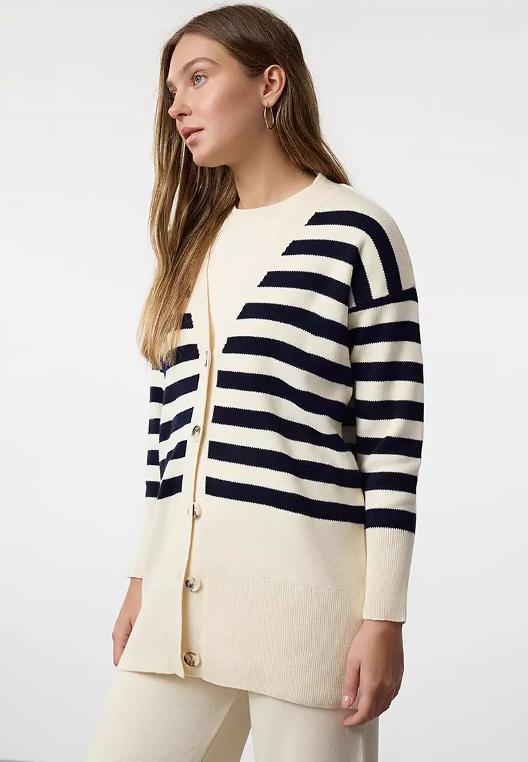 Stone Button Detailed Jacquard Striped Cardigan Trousers Knitwear Bottom-Top Set TCTAW24US00054