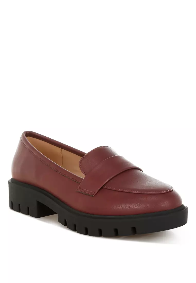 Sepatu Loafer Tebal Kulit Imitasi Warna Burgundy