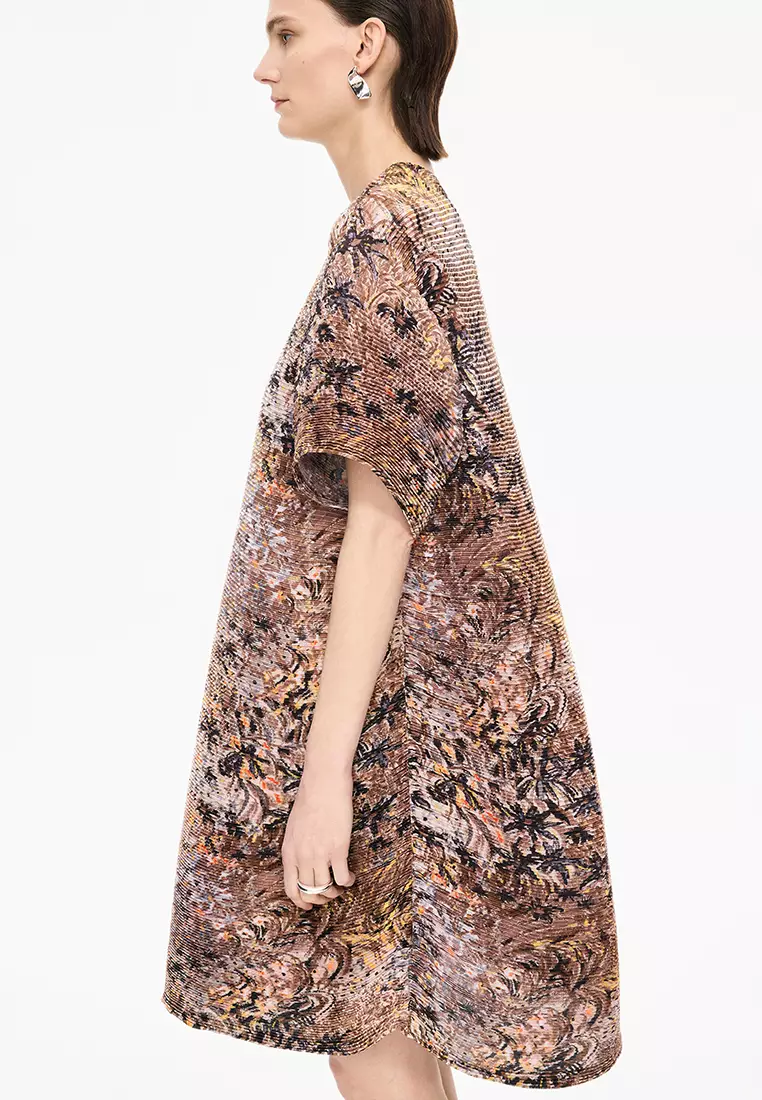 混纺图案元素A型压褶短袖连衣裙