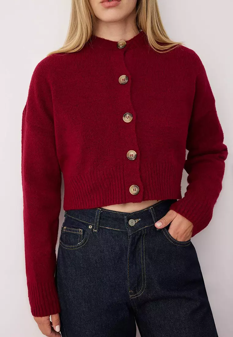 Burgundy Crop Soft Textured Button Knitwear Cardigan
