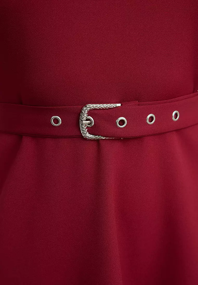 Burgundy Belted Waist Opening Shirt Detail Mini Woven Dress TWOAW25EL00398
