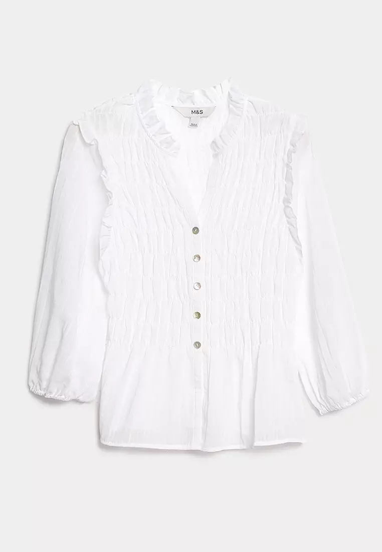 Shirred 3/4 Sleeve Button Through Blouse