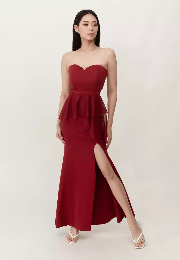 BebeBeige Tube Dress Slim Fit Elegant Maxi Long Dinner Dress Red