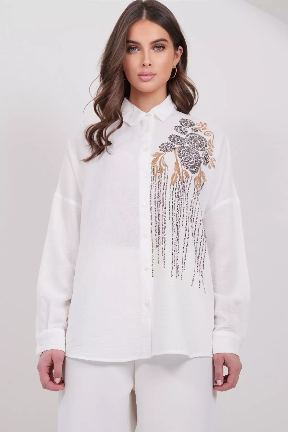 Women'S Ecru Embroidery And Sequin Embellished Premium Linen Shirt Alc-X15017