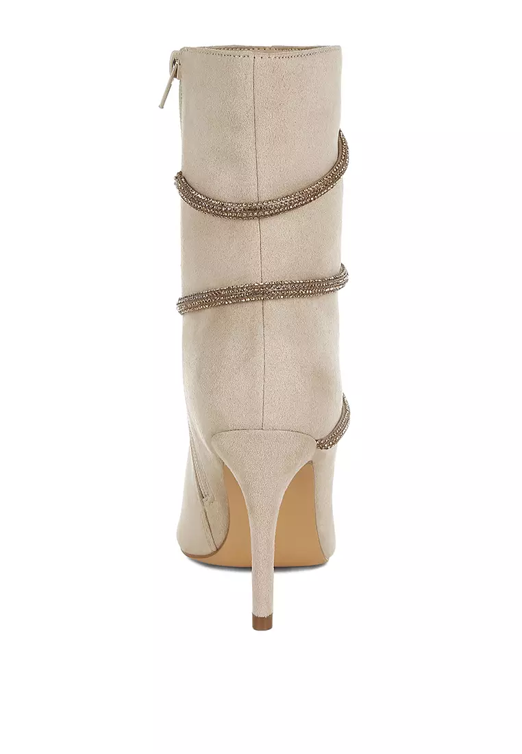 Rhinestone Wrap-Around Stiletto Boots in Beige