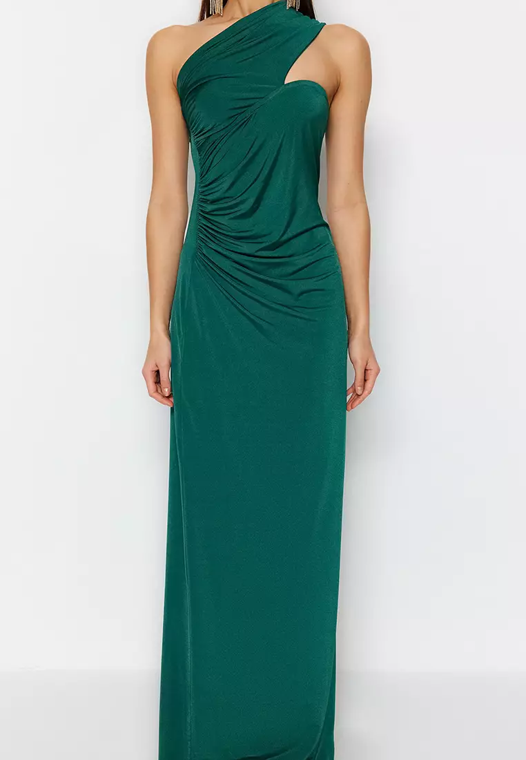 Asymmetrical Ruched Evening Maxi Dress