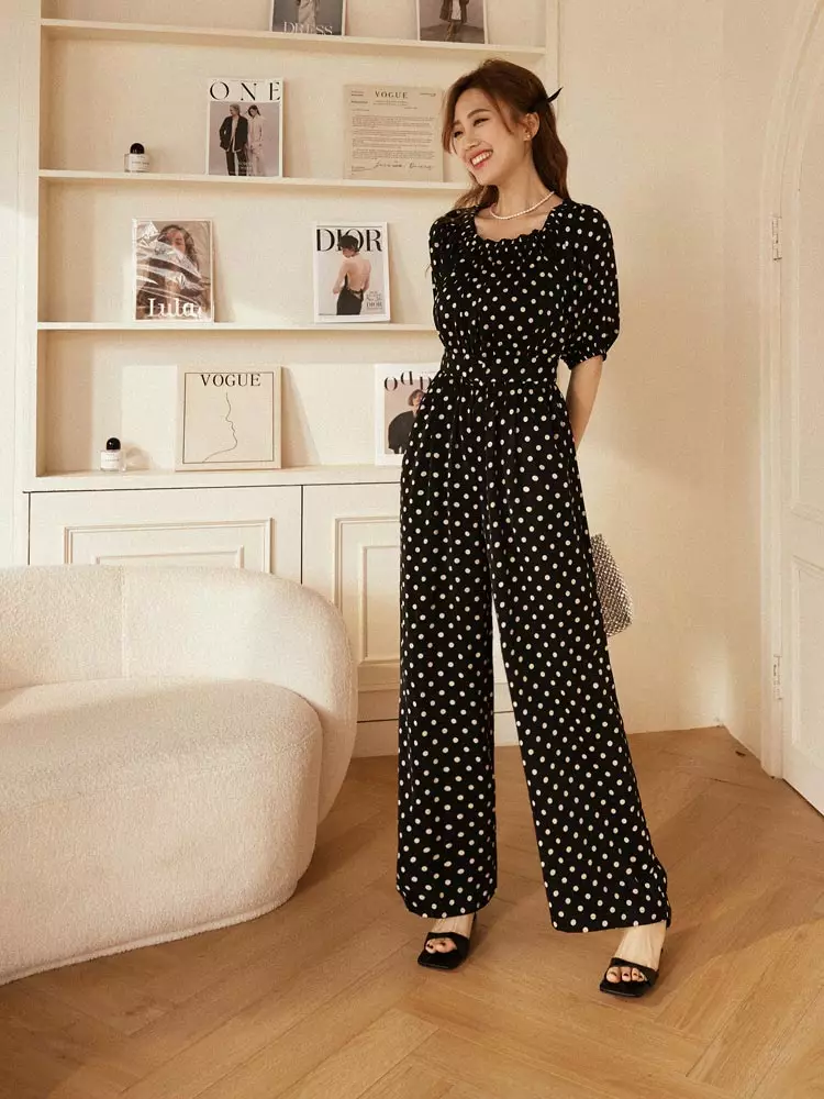 Off the shoulder sales polka dot jumpsuit