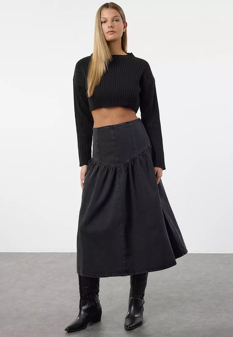 Black Flounce Maxi Denim Skirt