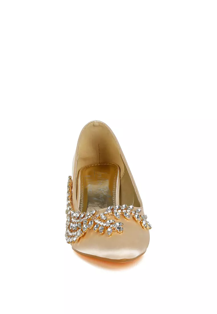Satin Diamante Embellished Pumps in Beige