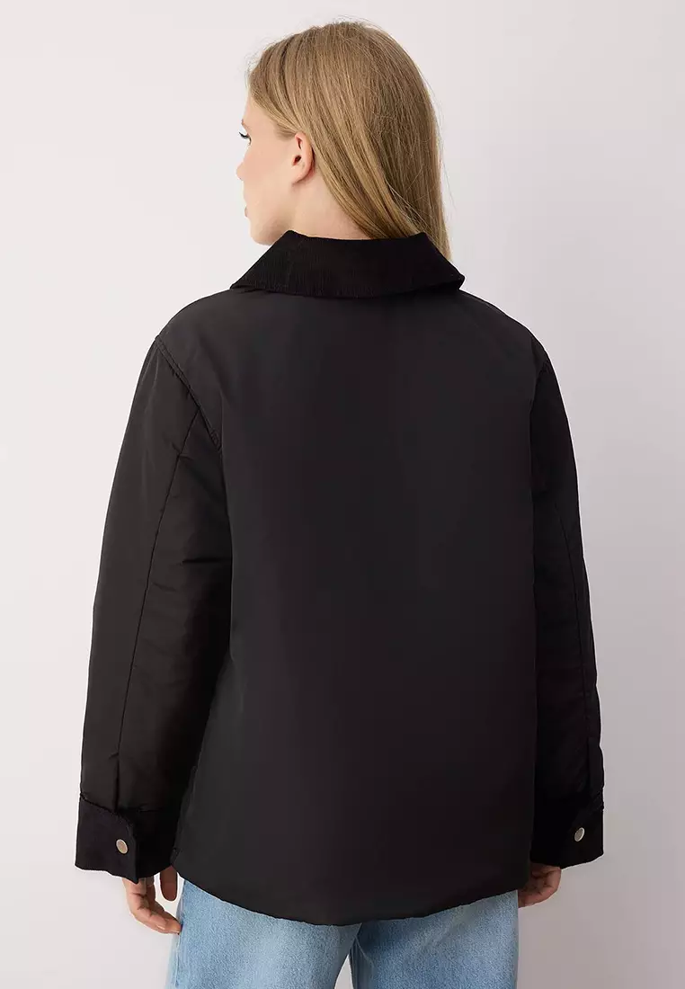 Black Regular Fit Collar Velvet Detail Fiber Thin Jacket Coat