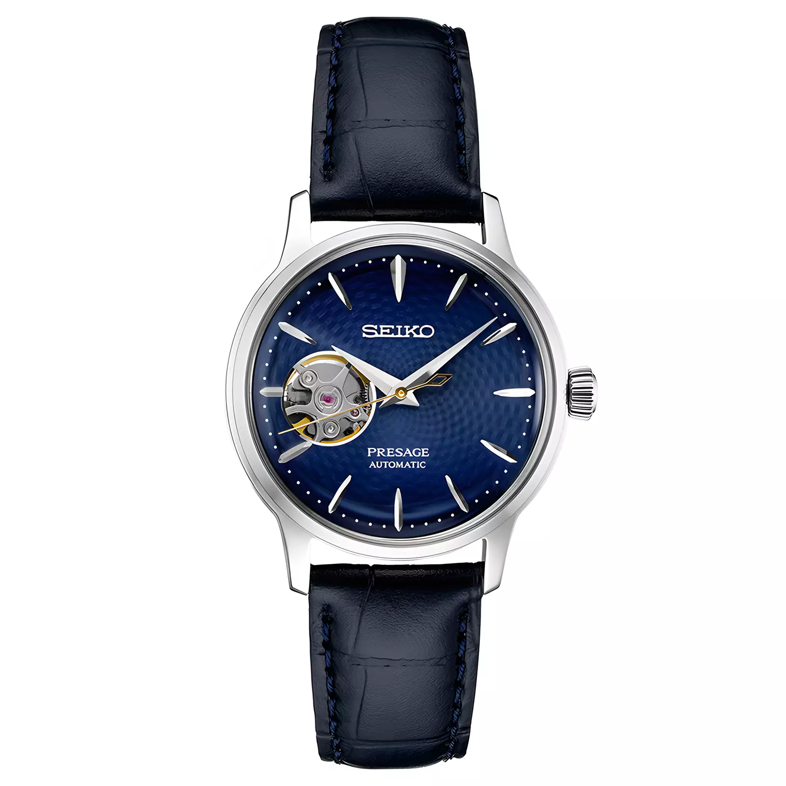 Seiko Presage - Jam Tangan Analog Wanita - Cocktail Blue Moon Open Heart Dial Black Leather Strap - SSA785J1