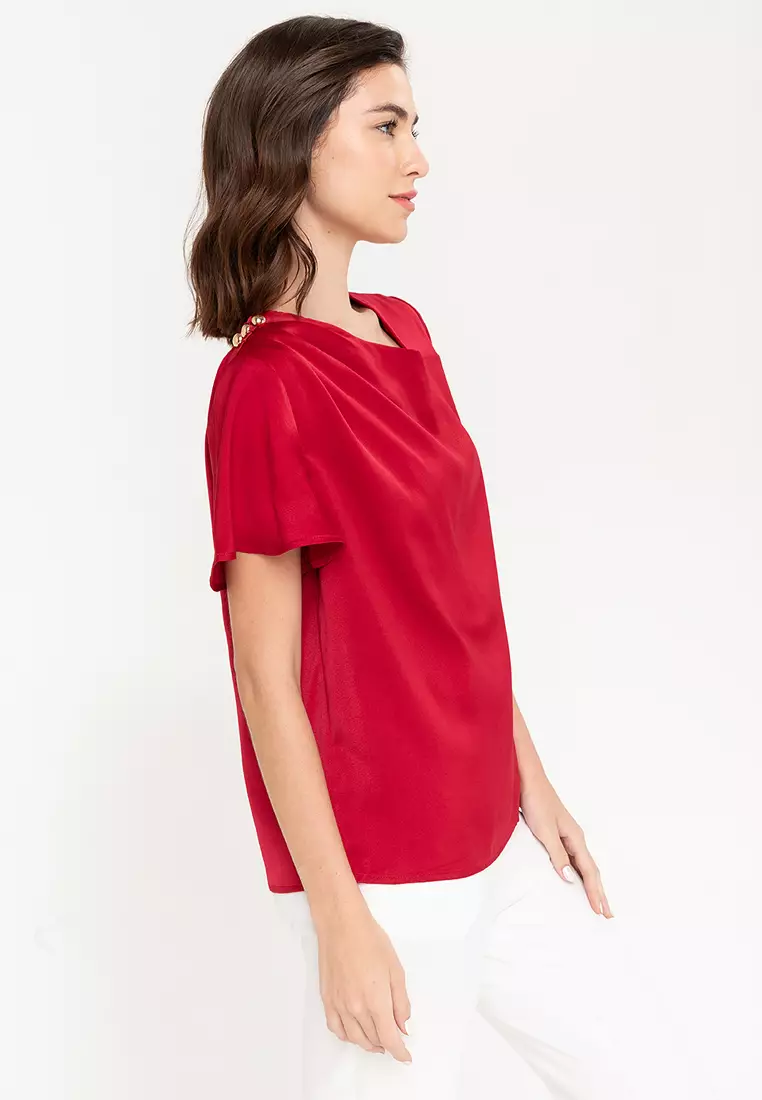 Camie Asymmetrical Neckline Top With Shoulder Pleats