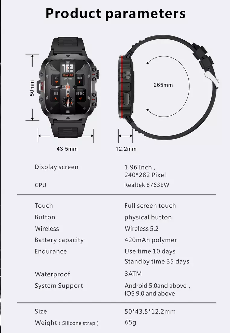 Unisex Smart Watch - Bluetooth Call - 1.96 Inch HD Screen 240x282 - Android/IOS - 3ATM Waterproof - Blood Pressure Monitoring - Rubber Strap
