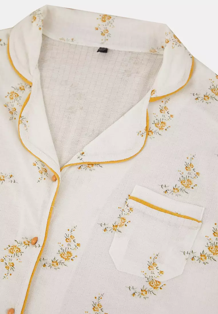 Multicolored Floral Patterned Shirt Collar Textured Knitted Pajama Set