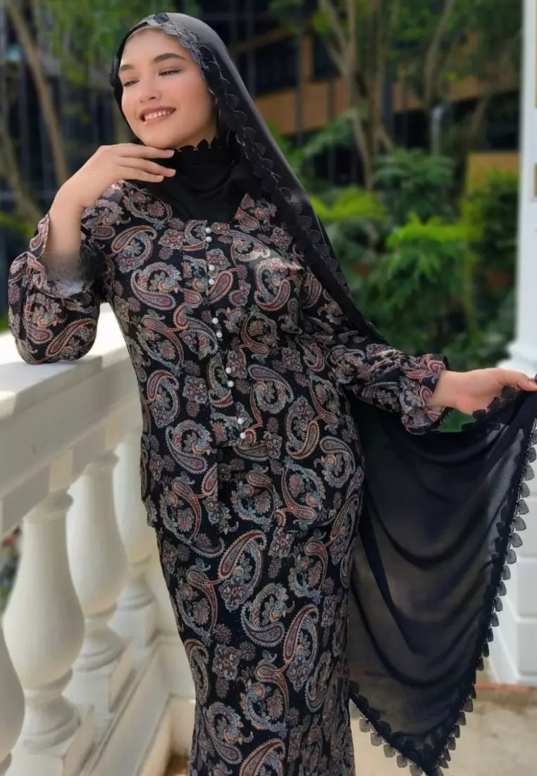 Loveaisyah Black Paisley Puff Sleeve Kebaya Top & Maxi Skirt for Hari Raya