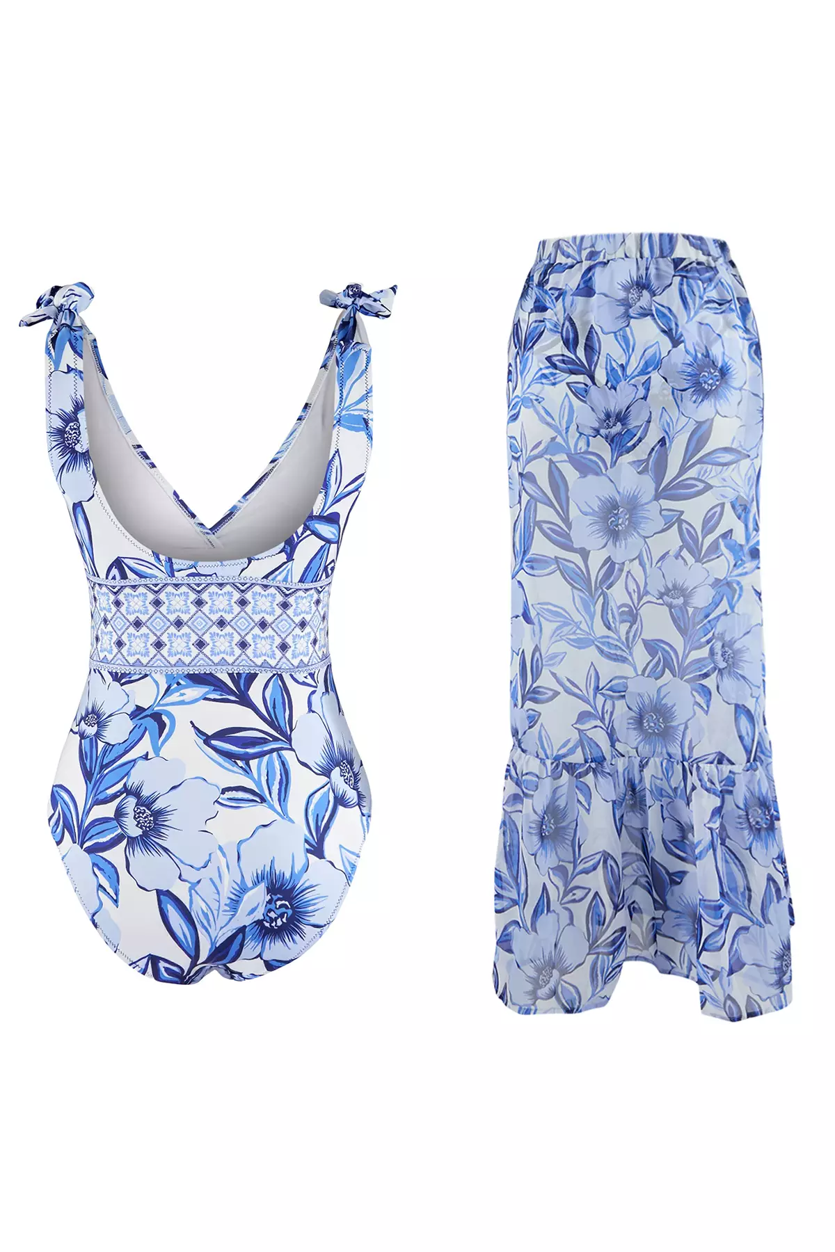Floral Pattern Covered Deep V-Neck Regular 2-Piece Suit Skirt Swimsuit Tbess26Ma32