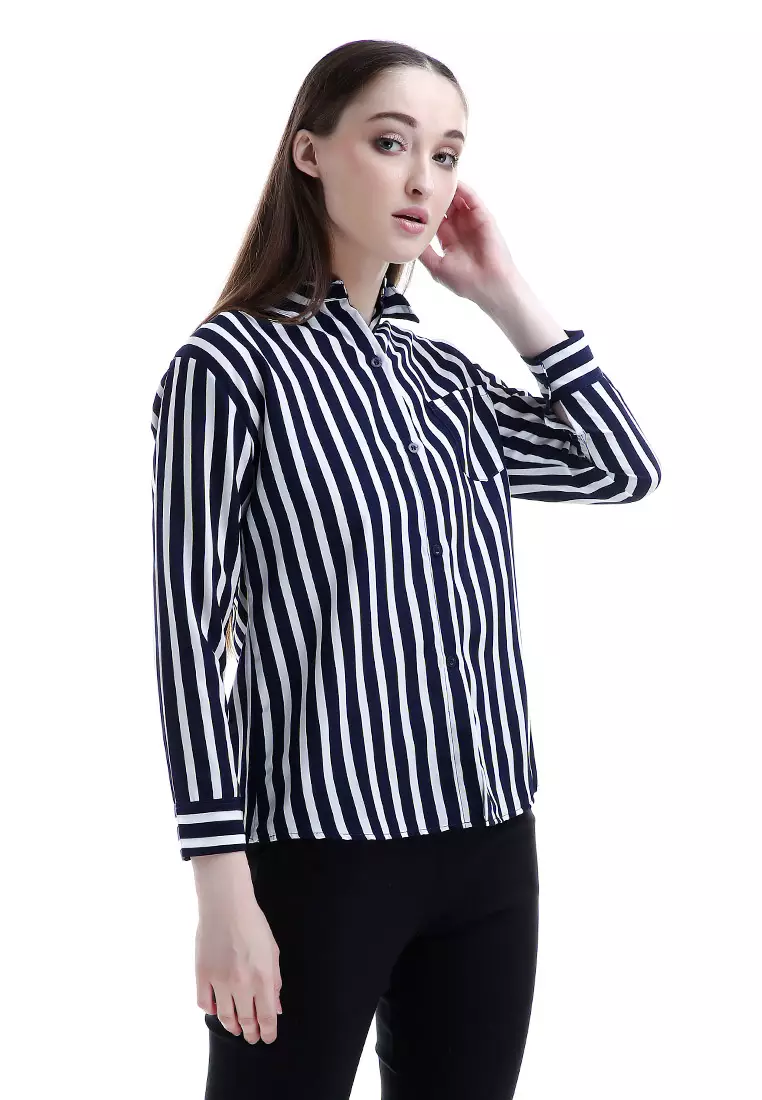 Carmel Long Shirt Motif Pattern Dual Tone Color Woman Design Chic - Navy