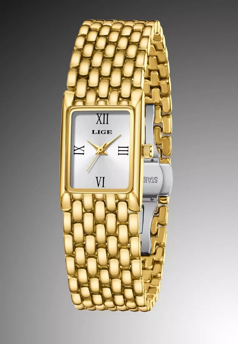 Ladies Rectangular Quartz Watch, 29X20mm, IP Gold Color Stainless Steel, Metal Bracelet