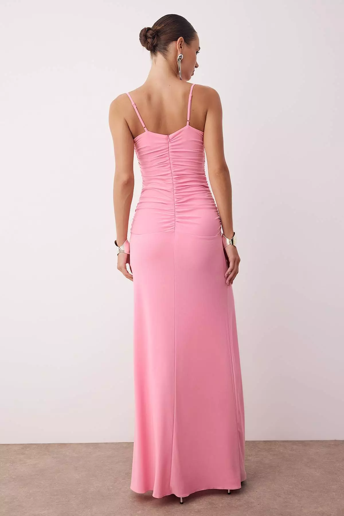 Pink Cowl Neck Drape Detailed Knitted Long Elegant Evening Night Graduation Dress Tprss22Ae0112