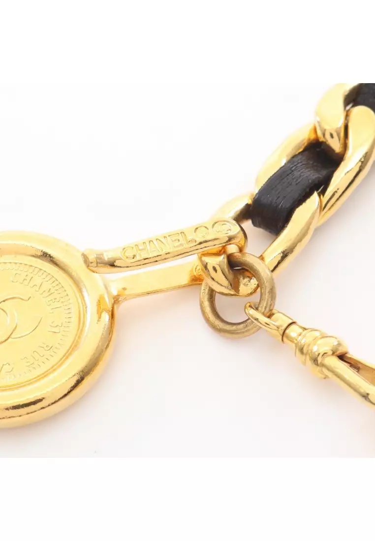 Pre-Loved Chanel coco mark chain belt GP leather gold black