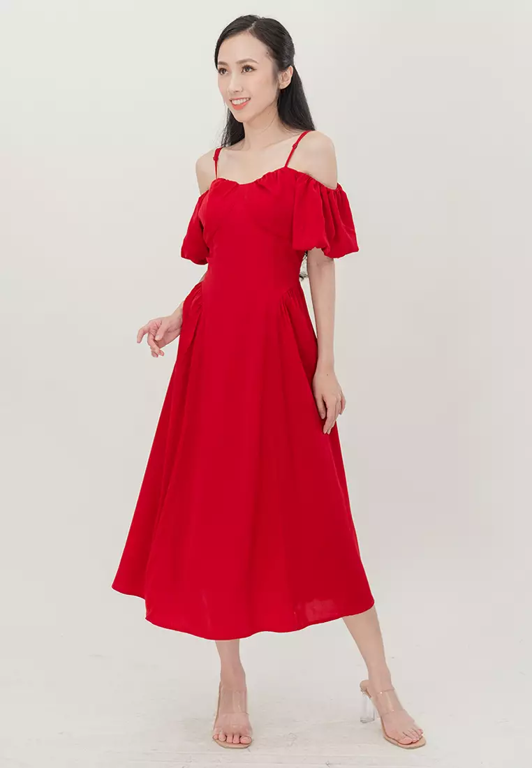 露肩花卉中长裙