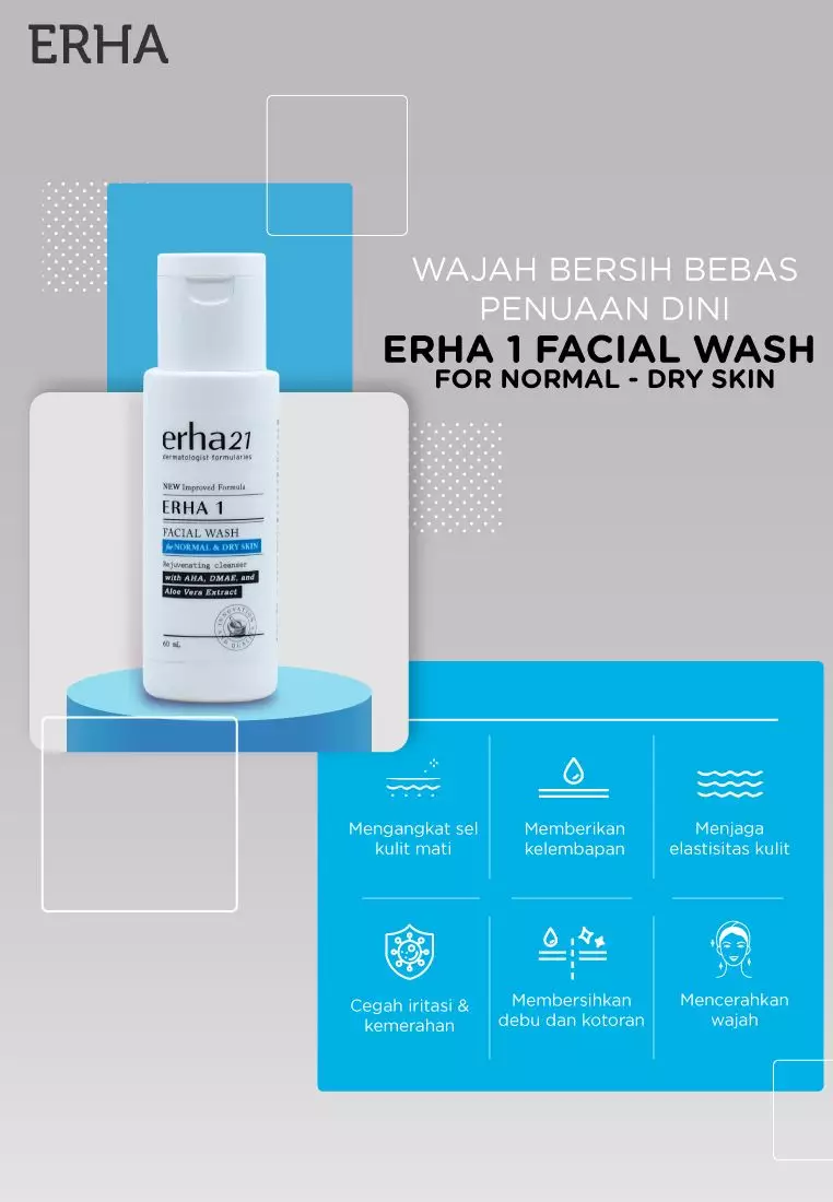 Erha 1 Facial Wash For Normal & Dry Skin With Aha, Dmae & Aloe Vera Extract 60Ml - Sabun Wajah