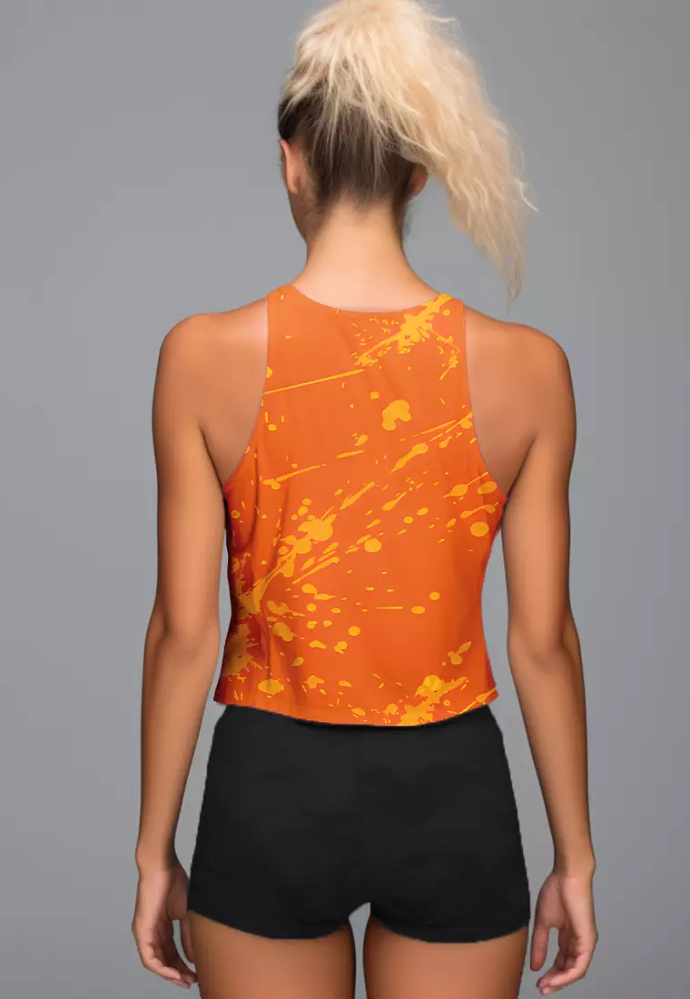 LSC16 Crop Tank Top Tee Gym Olahraga Td Bolt Crossfit ZeroOdor 4Way Stretch "orange splat" orange