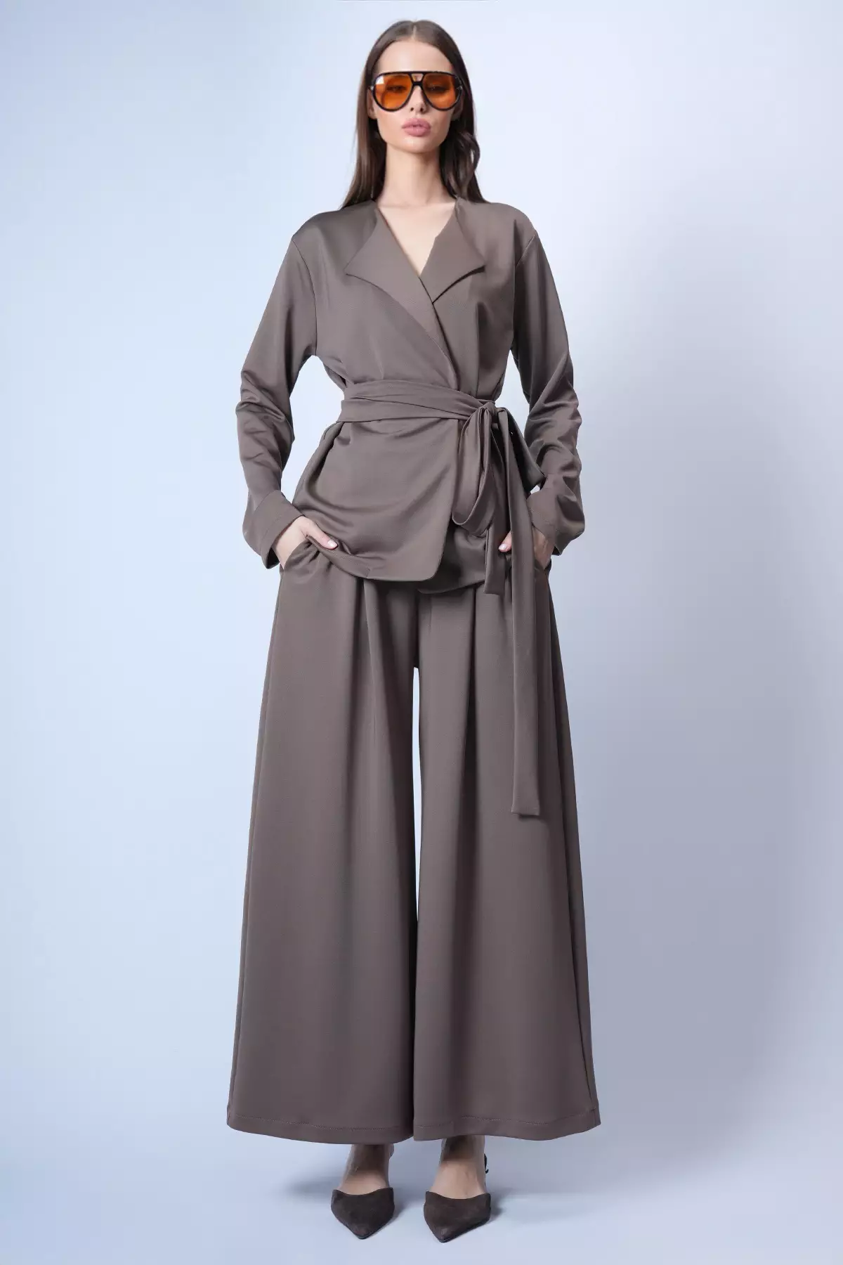 Brown Self-Belted Long Jacket And Double Pocket Trousers Set Alc-X15042